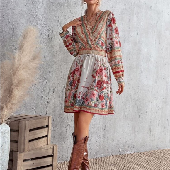 Bohemian Floral Print Surplice A Line Dress - Picture 3 of 6